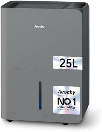 Close-up of the Aeocky 25L dehumidifier control panel showing the digital display and multicolour humidity indicator light.