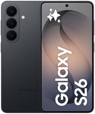 A front and back view of the Samsung Galaxy S26 in Black, showcasing its sleek Armor Aluminium frame and the triple-lens 50 MP camera system.