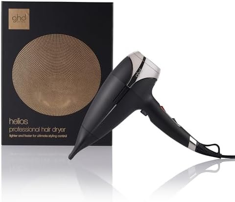 A professional ghd Helios hair dryer in black, showcasing its sleek ergonomic design and the Aeroprecis nozzle.