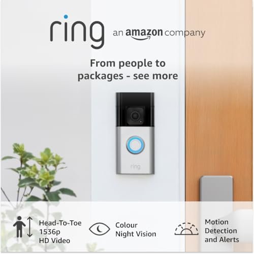 A Ring Battery Video Doorbell Plus mounted on a modern UK home exterior next to a grey front door.