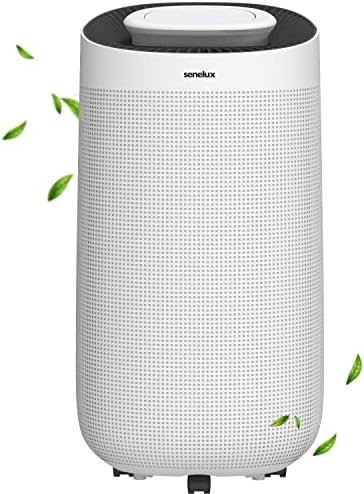 The Senelux 12L dehumidifier shown from a front-three-quarter view highlighting its sleek white design and digital LED display on the top panel.