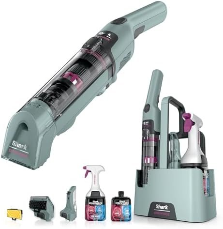 A front-facing view of the grey Shark StainForce Cordless Spot Cleaner showing its compact design and carrying handle.