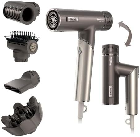 The Shark SpeedStyle Pro FLEX hair dryer in Mocha Silver shown with its handle folded into a compact V-shape for travel.