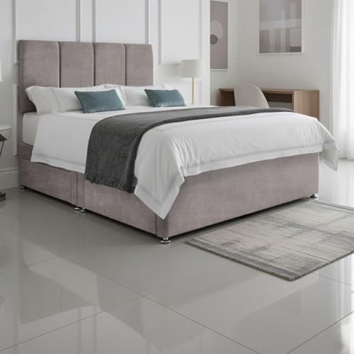 Close-up of the plush silver fabric upholstery and the sliding mechanism of the integrated underbed storage drawer.