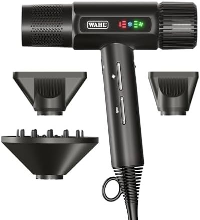A professional Wahl Vanquish hair dryer in black featuring a sleek LED display and three styling attachments.