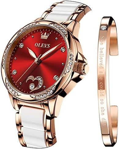 Close-up of the OLEVS ladies minimalist watch face showing the slim hands and date window